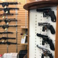 Rifles and handguns on display